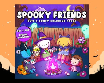 Dibujos para colorear de Halloween: Amigos espeluznantes y momentos hygge - 35 páginas (Descarga digital)