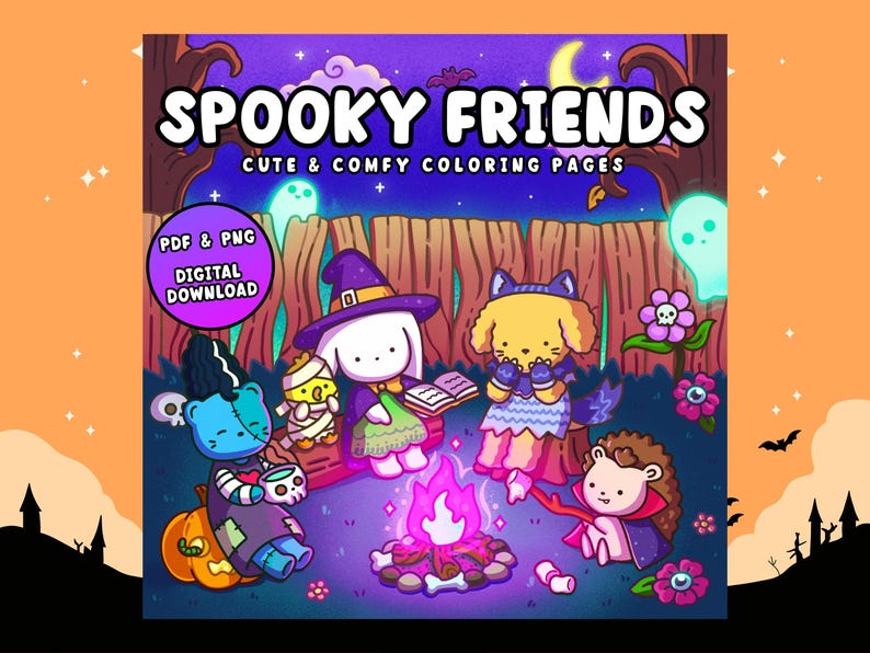 May include: Digital download illustration titled "Spooky Friends" featuring cute cartoon characters dressed in Halloween costumes. The image includes a witch, a mummy, a Frankenstein monster, and a vampire gathered around a campfire. The text "Cute & Comfy Coloring Pages" is also included.