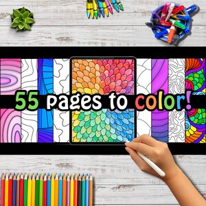 55 relaxing coloring pages to print and color by hand or color digitally on iPad using procreate. Mindful coloring pages for stress relief with amazing patterns. Geometric, abstract, and floral designs by Color Fluff