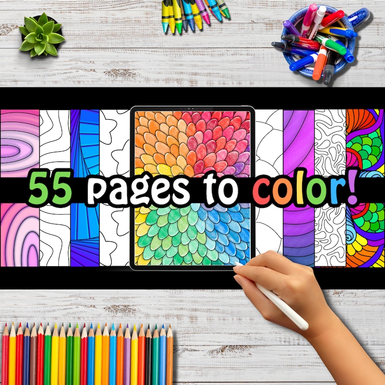 55 relaxing coloring pages to print and color by hand or color digitally on iPad using procreate. Mindful coloring pages for stress relief with amazing patterns. Geometric, abstract, and floral designs by Color Fluff