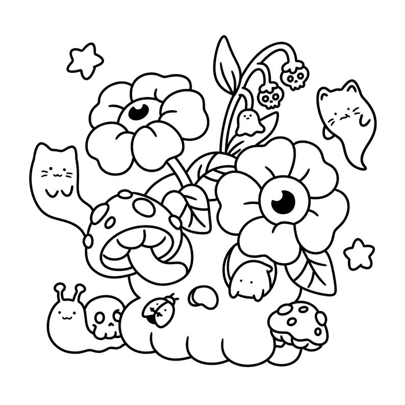 May include: Black and white illustration featuring whimsical flowers, mushrooms, and cartoon cats. The design includes a snail, ladybug, and a skull. Stars and other decorative elements complete the playful composition.