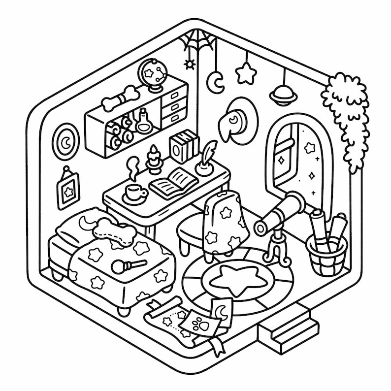 May include: Isometric illustration of a whimsical room with celestial and magical elements. Features a bed, desk, telescope, and a round rug with a star design. Includes a window with a starry night view and decorative hanging moons and stars.