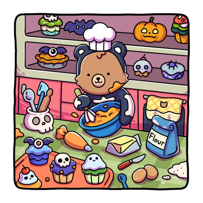 May include: A cartoon illustration of a bear dressed in a skeleton costume, baking in a kitchen. The bear is mixing batter in a blue bowl. Cupcakes, pumpkins, and baking supplies are on the shelves and counter. A bag of flour is visible.