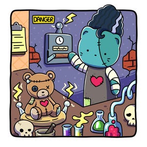 May include: A cartoon illustration of a Frankenstein-like cat and a teddy bear in a laboratory setting. The cat is blue with black hair and bandages. The teddy bear is brown with a heart. The background includes beakers, skulls, and the word "DANGER".