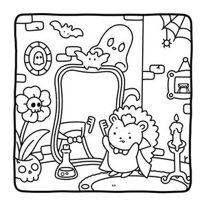 May include: Black and white Halloween-themed illustration featuring a hedgehog dressed as a vampire in a room with a mirror, ghost, bat, and spiderweb. Other elements include a skull flower, potion bottle, and a candle.