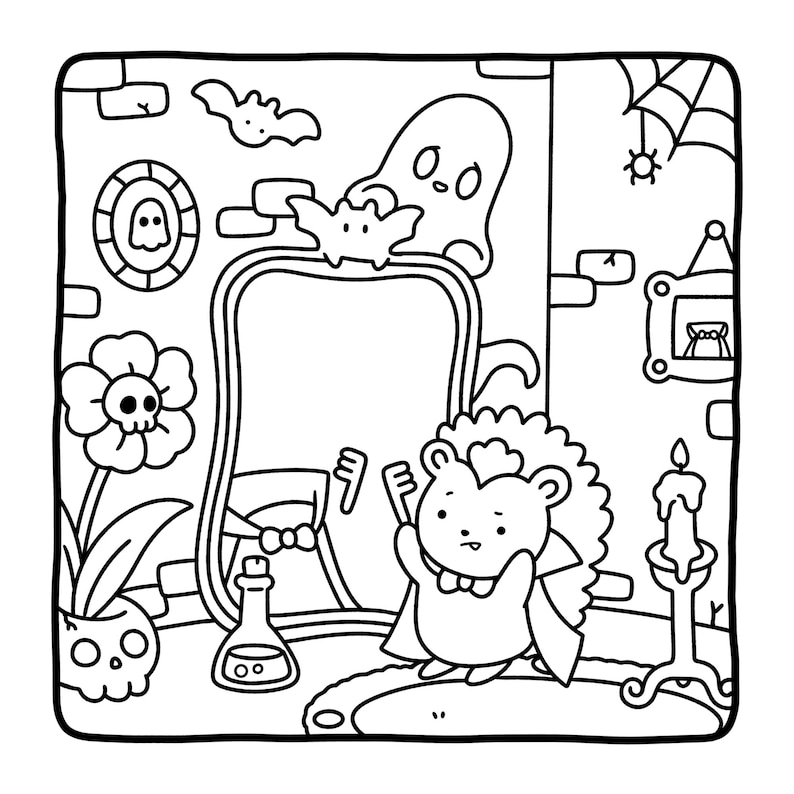 May include: Black and white Halloween-themed illustration featuring a hedgehog dressed as a vampire in a room with a mirror, ghost, bat, and spiderweb. Other elements include a skull flower, potion bottle, and a candle.