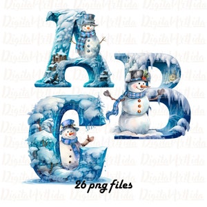Snowman Alphabet, Letters png, Alphabet png, Snowman Clipart, Doodle Alphabet Letters Watercolor, Sublimation Designs, Digital Download