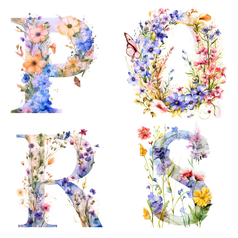 Aquarell Blumen Alphabet Buchstaben Clipart PNG Set von Blumenbildern ...
