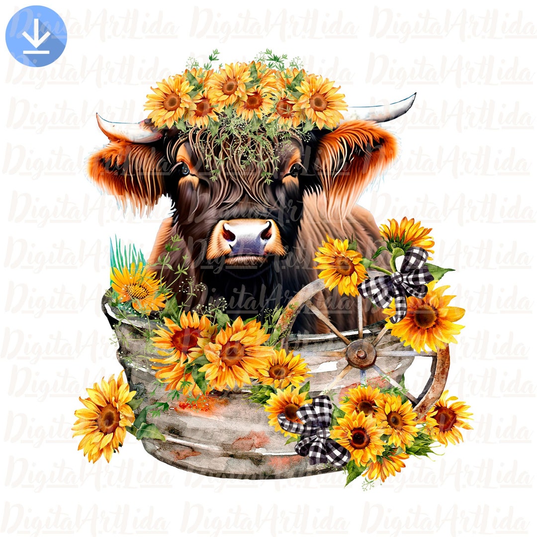 Highland Longhaired Cow Png, Sunflower Cow Png, Cute Cow Sublimation ...