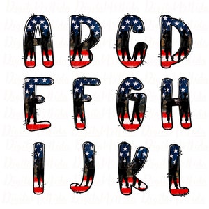 Bandeira dos EUA Doodle Letras Png Mão Desenhada Colorido 4 de Julho Doodle Alfabeto Clipart Conjunto de Alfabeto Estampa de Leopardo Doodle Letras Png