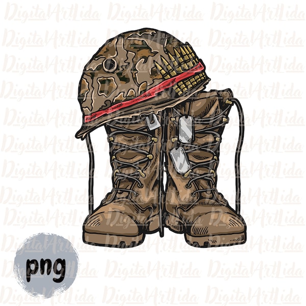 Military Boots With Dog Tags design download, Combat boots png, American boots, Camo boots screen print, Combat Soldier, Memorial day
