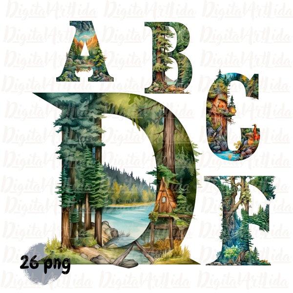 Alphabet des bois vert aquarelle 26 x PNG / lot de cliparts / lettres fantaisie pour cartes d'invitation / initiales de l'alphabet anglais complet