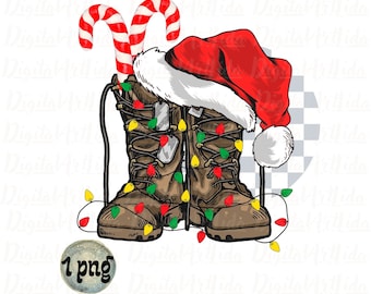 Military Christmas PNG: Camo Boots, Santa Hat (Digital Download)