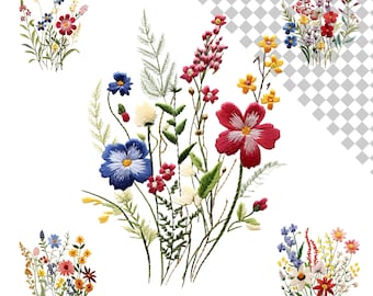 Wildflowers Embroidery Design: Faux Floral PNG Clipart (Digital Files)