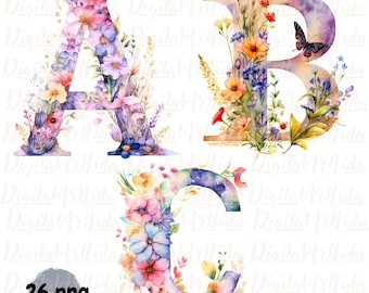 Watercolor Floral Alphabet Letters Clipart PNG Set of Floral Pictures Inscriptions Field Flowers Kids Alphabet 26 Floral Letters Clipart