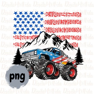 Könnte beinhalten: Grafik eines Monster Trucks im amerikanischen Flaggen-Design. Der Truck ist blau mit roten und weißen Akzenten, großen Rädern und vor einer Bergkette und Kiefern dargestellt. Das Bild hat ein png-Wasserzeichen.
