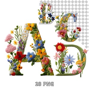 Letras de flores silvestres PNG, paquete de alfabeto PNG con bordados de imitación de primavera, alfabetos de flores de primavera de Pascua, alfabeto de 26 letras florales