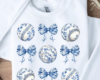 Coquette Baseball PNG: Blue Chinoiserie Bows - Sublimation Design (Digital Download)