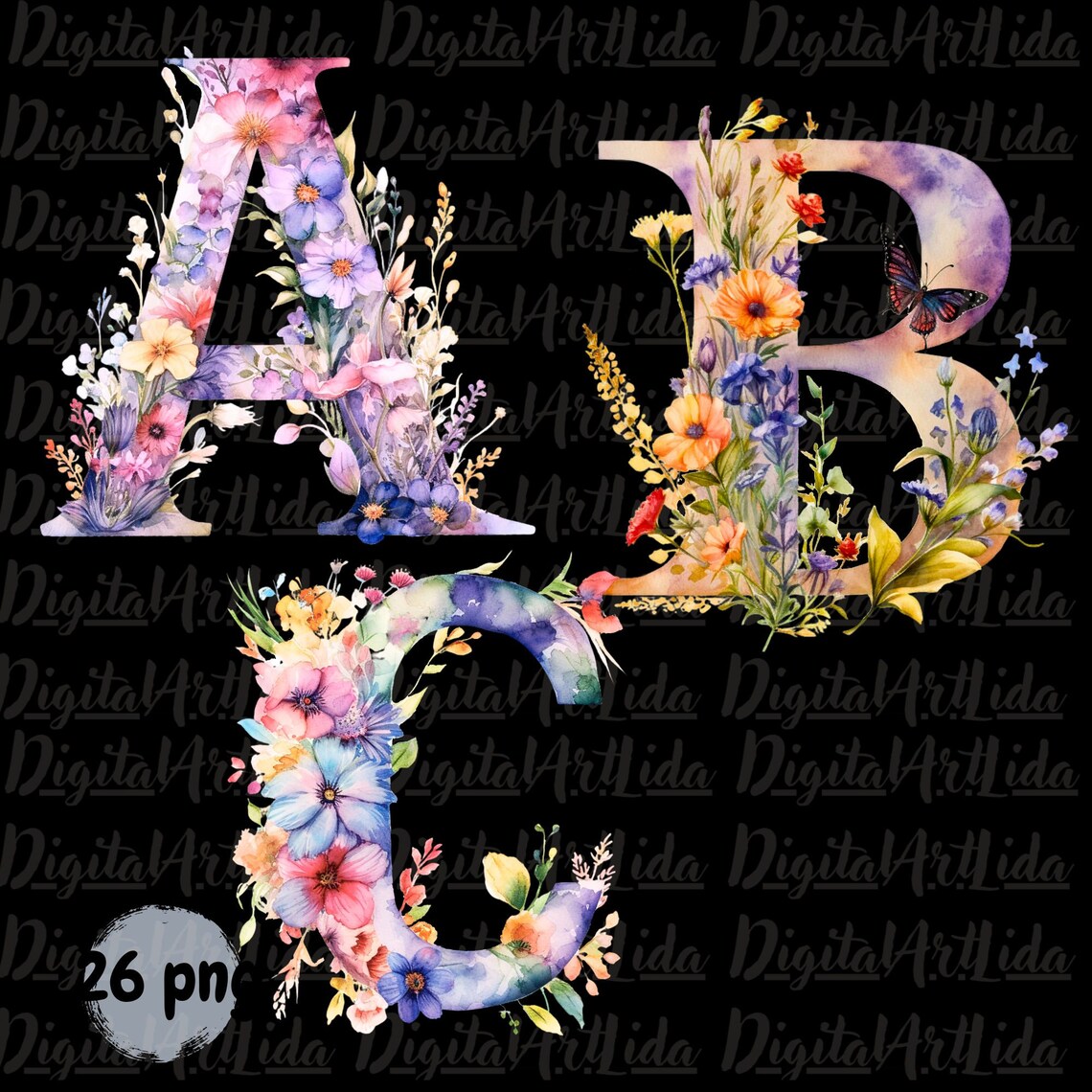 Aquarell Blumen Alphabet Buchstaben Clipart PNG Set von Blumenbildern ...