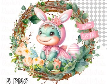 Easter Wreath  Dinosaur Clip Art, Spring Sublimation, Easter Bunny Ears Png, Round Design, Easter Welcome Sign png, Heat press designs