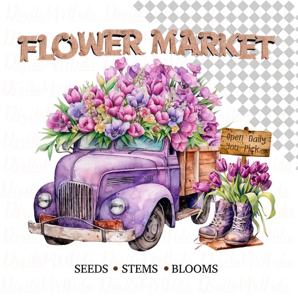 Spring Flower Market PNG, Garden Png Sublimation, Spring images, Farmhouse Graphics, Vintage Truck Png, House Clipart, Waterslide images