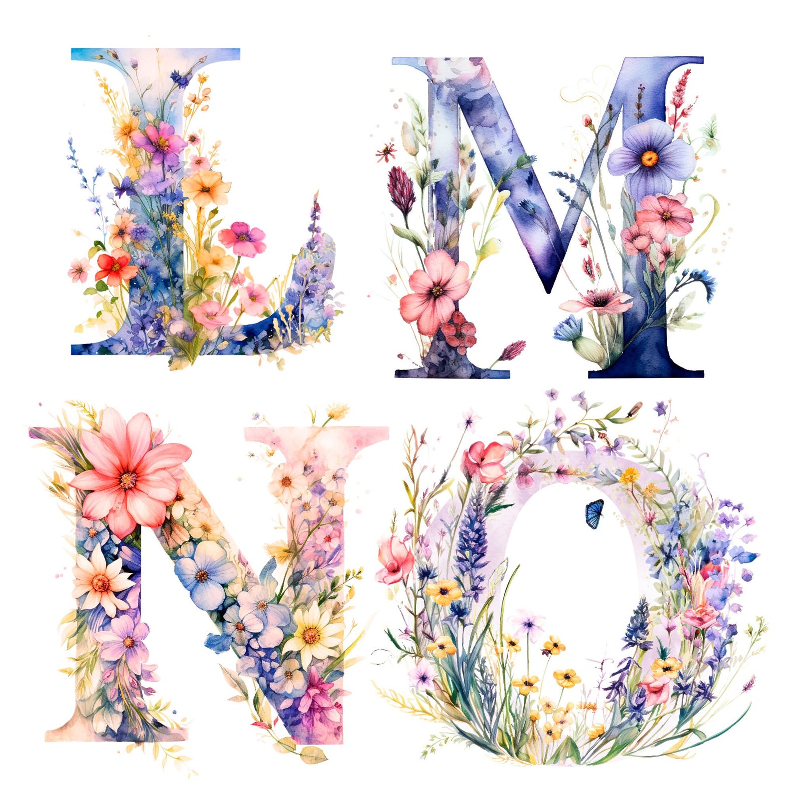 Watercolor Floral Alphabet Letters Clipart PNG Set of Floral Pictures