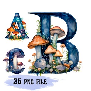 Letras de hongos caprichosas, alfabeto de hongos brillantes, material imprimible, manualidades, ilustraciones de sublimación PNG y libros infantiles.