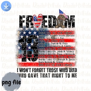 Könnte beinhalten: Eine digitale Grafik mit dem Wort FREEDOM, einer herzförmigen amerikanischen Flagge, einem Paar Militärstiefeln und einer kleinen Flagge. Die Zahl 13 überlagert einen Flaggenhintergrund mit einer Namensliste und dem Text I WON'T FORGET THOSE WHO DIED WHO GAVE THAT RIGHT TO ME.