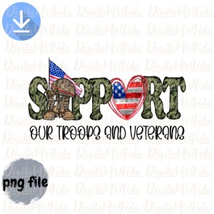 Könnte beinhalten: Digitales Grafikdesign mit dem Wort „SUPPORT“ in Tarnmuster, mit einer amerikanischen Flagge, einem Herz mit dem Design der amerikanischen Flagge, Militärstiefeln und einem Helm. Der Text „OUR TROOPS AND VETERANS“ steht darunter.
