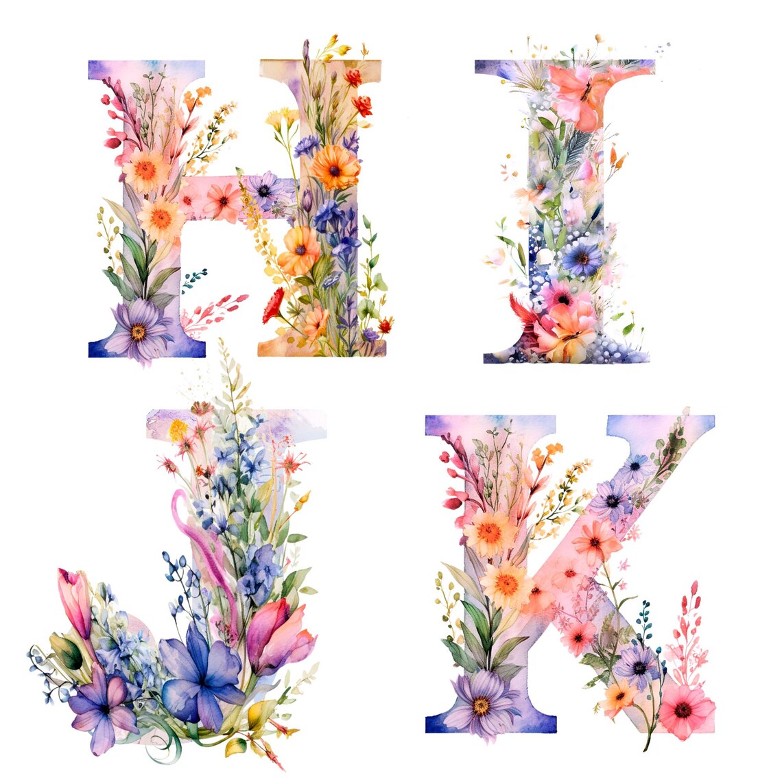 Aquarell Blumen Alphabet Buchstaben Clipart PNG Set von Blumenbildern ...