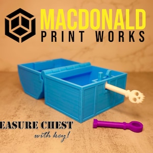 May include: A blue plastic treasure chest with a skull-shaped key. The chest is open and the key is inserted into the lock. The text "TREASURE CHEST with key!" is printed below the chest.