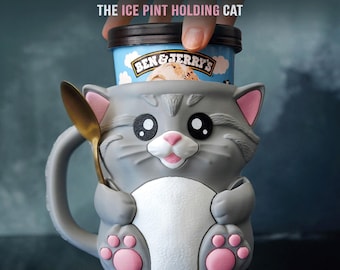 Cuddles The Ice Cream Pint Holder - 3D Printed Kitty Cup with Spoon Slots & Snack Drawer | 16oz Gift for Cat Lovers