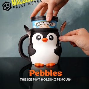 Pebbles - Adorable portavasos de helado con forma de pingüino - Taza impresa en 3D con cajón secreto para refrigerios / Lindo accesorio de taza de pingüino para helado