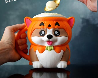 Kevin the Corgi Pumpkin Pint Holder | Ice Cream Sleeve with Oreo Cookie Slots | Halloween Corgi Gift | 3D Printed Cozy Pint Mug