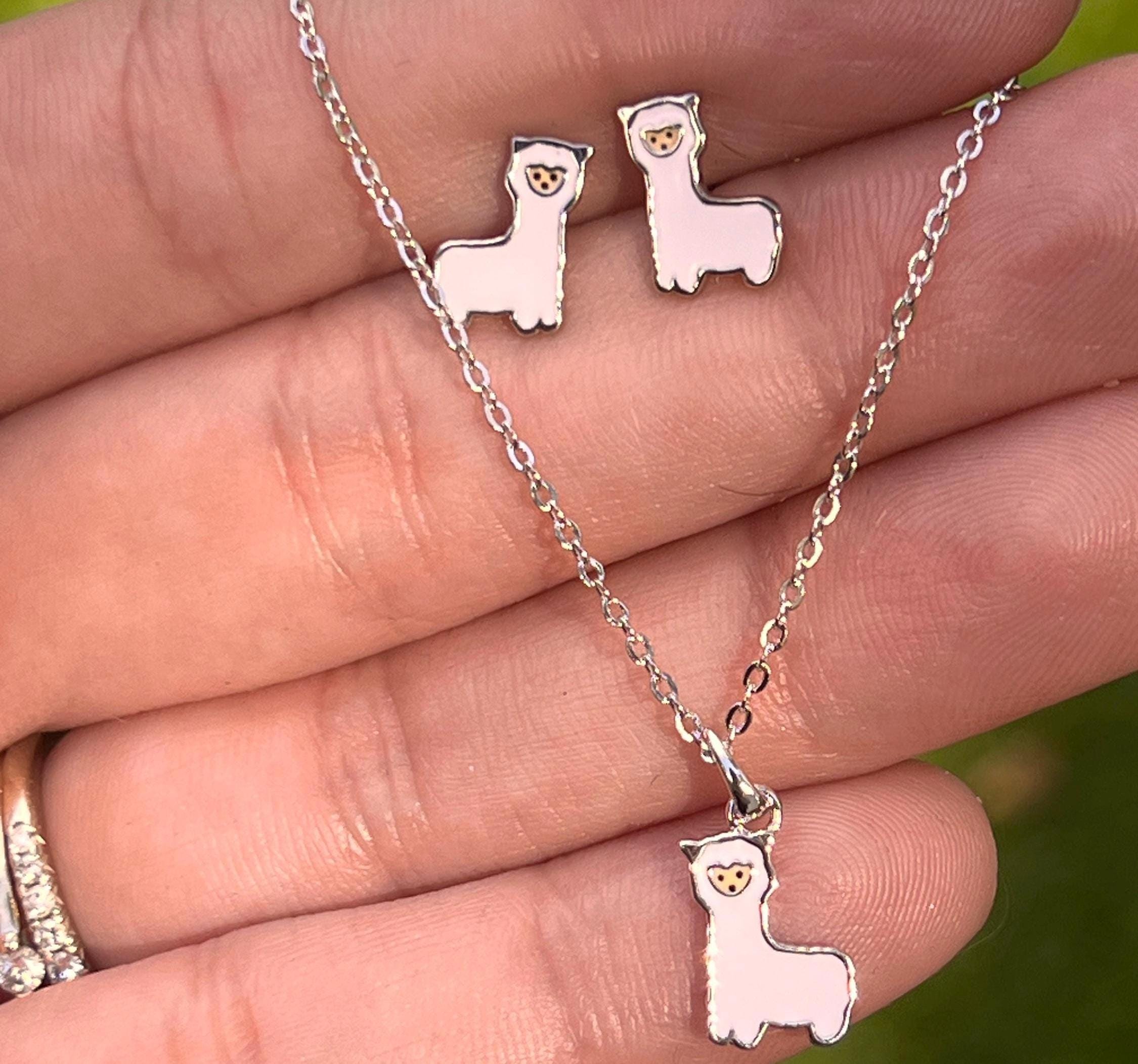 Sterling Silver  Girls Alpaca Necklace & Earring Set, Perfect for girls, Adorable, lightweight, Christmas Gifted