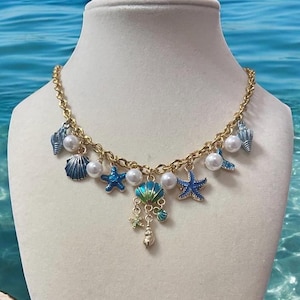 Ocean Charm Necklace – Mermaid Seashell & Starfish Necklace, Beach Jewelry with Pearls for Girls