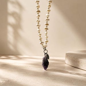Long Pearl Necklace with Raw Amethyst Pendant, Handmade Statement Jewelry