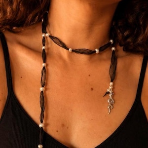 Snake Charm Organza Lariat Necklace, Pearl Ribbon Wrap Necklace, Handmade Boho Necklace, Black or Beige Adjustable Necklace