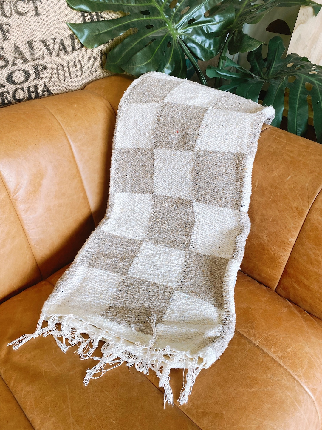 Tan Checkerboard Blanket Throw, Checker Blanket, Beach Blanket, Large