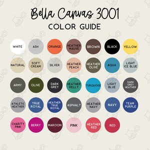 Carta de colores Bella Canvas 3001, carta de colores 3001, guía de colores Bella Canvas, archivo digital, descarga instantánea, maqueta digital, maqueta BC 3001,