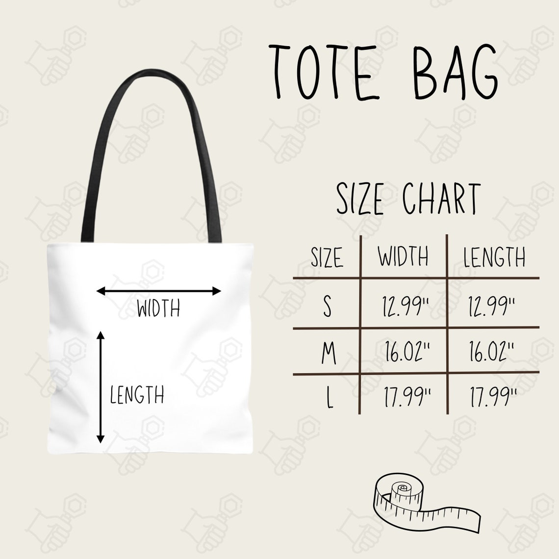 Tote Bag Size Chart, Size Chart for Tote Bag, Tote Bag Mockup and Size