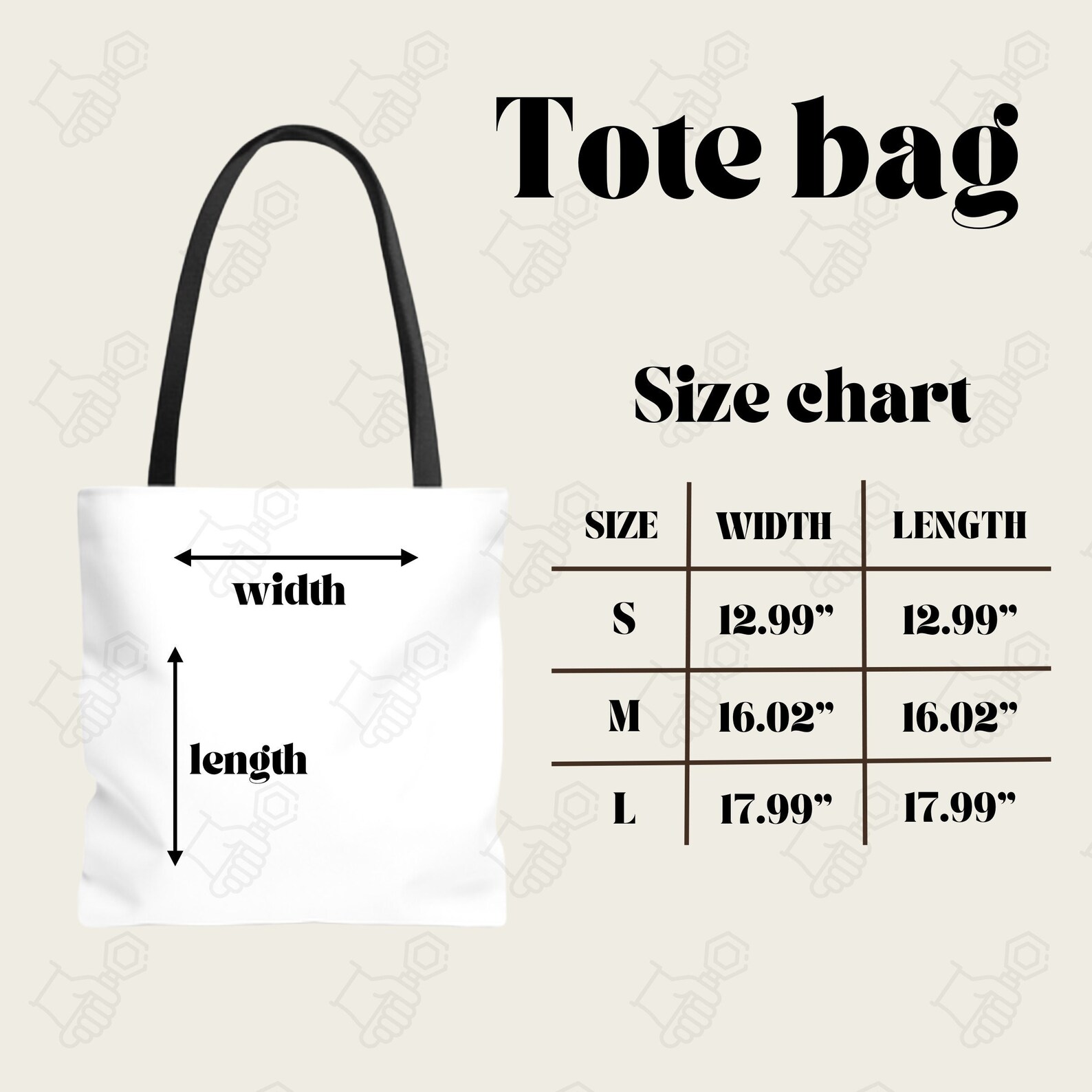 Tote Bag Size Chart, Size Chart for Tote Bag, Tote Bag Mockup and Size