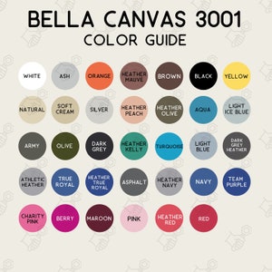 Carta de colores Bella Canvas 3001, carta de colores 3001, guía de colores Bella Canvas, archivo digital, descarga instantánea, maqueta digital, maqueta BC 3001,