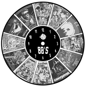 May include: A black and white illustration of a clock face with movie posters from the 1980s. The clock face has the numbers 1 through 12 and the words "80's" in the center. The movie posters include "Raiders of the Lost Ark", "Gremlins", "The Goonies", "E.T. the Extra-Terrestrial", "WarGames", "Back to the Future", "Fright Night", "The Breakfast Club", "Ghostbusters", "Terminator", "The Lost Boys", and "Star Wars: The Empire Strikes Back".