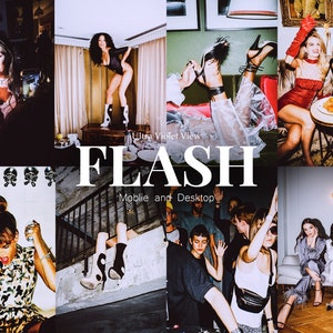 Può includere: Un collage di immagini che ritraggono un gruppo di persone in un contesto di festa. Le immagini mostrano persone che ballano, bevono champagne e posano per le foto. Il testo "FLASH" è visualizzato in grandi lettere al centro del collage, con le parole "Ultra Violet View" e "Mobile and Desktop" sotto.