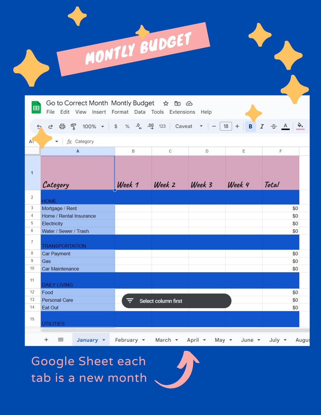 Monthly Budget Planner Printable Spreadsheet | Auto-calculate | Instant