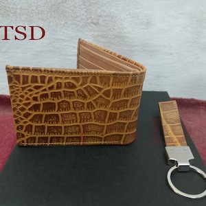 Cartera de cuero para hombres, cartera de cuero para hombres cocodrilo hecha a mano, billetera de cuero personalizada para hombres con llavero, un hermoso regalo para él