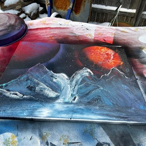 Mountains and waterfalls spray paint art