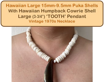 Unique Hawaiian Puka Shell Necklace 70s Vintage w/Rare 3-3/4” Humpback Cowrie ‘Tooth’ Pendant