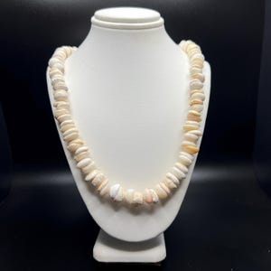 May include: A necklace composed of numerous small, off-white and pale peach-colored shell beads strung together. The beads are irregular in shape and size, creating a textured appearance as they drape around the neck of the display form.